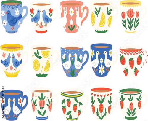 Collection of 12 colorful ceramic mugs with floral patterns