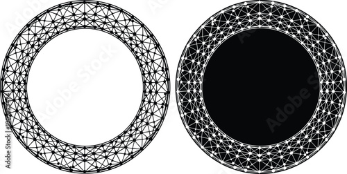 Abstract circular network frame with connected dots and lines, futuristic geometric ring shapes isolated on white background, digital technology concept vector illustration design