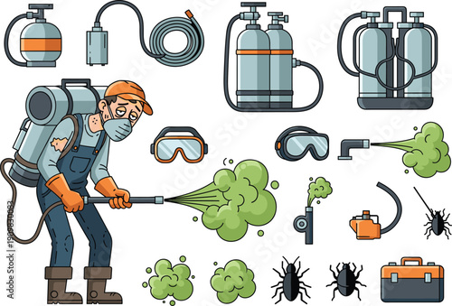 Professional Pest Control Vector Set Featuring Exterminator Character, Chemical Spray Tanks, Safety Masks, Goggles, and Insect Icons for Service Industry Branding and Education
