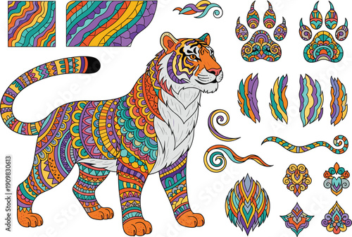 Photos Full Body Tiger Vector Set with Colorful Mandala Patterns Tribal Paw Prints and