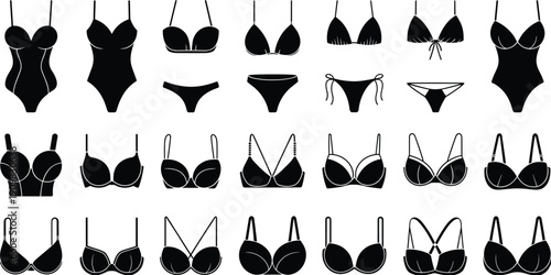 Women’s lingerie and swimwear silhouette vector illustration showcasing diverse fashion styles, intimate apparel designs, bikini tops, bras, and swimsuits