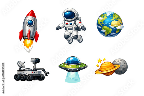 A collection of six space themed cartoon icons featuring a rocket ship, an astronaut, planet Earth, a lunar rover, a flying saucer, and a ringed planet with a moon on a black background.