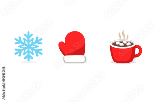This illustration features a blue snowflake, a red winter mitten, and a steaming cup of hot cocoa with marshmallows, all arranged horizontally on a black background.