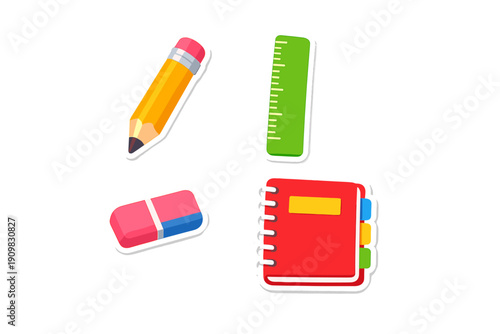 A collection of four school supply stickers including a yellow pencil, a green ruler, a pink and blue eraser, and a red spiral notebook, all set against a solid black background.