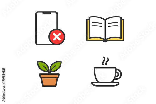 A set of four flat vector icons on a black background featuring a smartphone with a red cross, an open book, a small potted plant, and a steaming cup of coffee on a saucer.