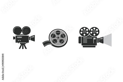 Three minimalist icons representing cinema and filmmaking, including a vintage movie camera on a tripod, a film reel with a strip, and a projector emitting a beam of light on a black background.