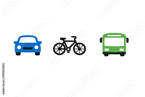 This image features three simple icons representing different modes of transportation: a blue car, a black bicycle, and a green bus, all set against a solid black background.
