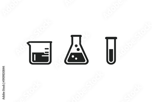 A set of three minimalist white icons representing laboratory glassware, including a beaker, an Erlenmeyer flask, and a test tube, all containing liquid on a black background.