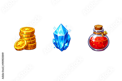 A collection of three digital game assets featuring a stack of gold star coins, a glowing blue crystal, and a round glass bottle filled with red potion on a black background.
