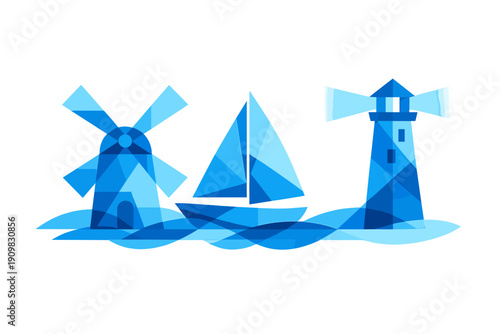 A geometric blue illustration featuring a windmill, a sailboat, and a lighthouse set against stylized ocean waves. The artwork uses a low poly design with various shades of blue.