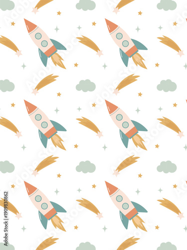 Pattern for children's clothing and textiles featuring a space rocket, stars, a comet, and clouds