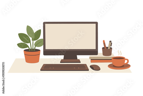 A flat illustration of a modern workspace featuring a computer monitor, keyboard, mouse, a potted plant, books, and a steaming cup of coffee on a clean white desk surface.