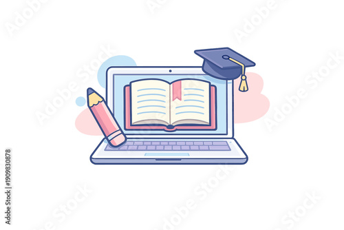 A cartoon illustration of a laptop featuring an open book on its screen, accompanied by a pink pencil and a blue graduation cap, representing online education and digital learning.