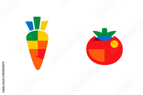 Minimalist graphic design featuring a carrot and a tomato made of colorful geometric shapes. The vibrant illustrations stand out against a solid black background in a flat art style.