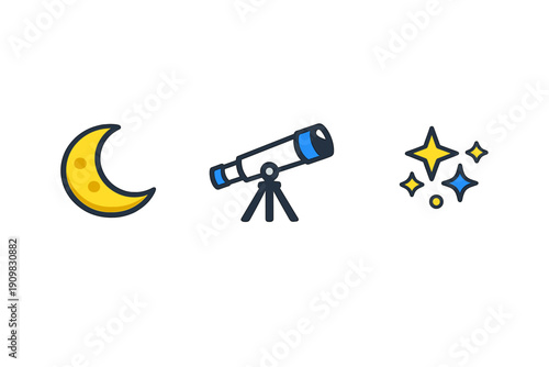 This set features three flat astronomy icons including a yellow crescent moon with craters, a telescope on a tripod, and a cluster of stars, all isolated on a solid black background.