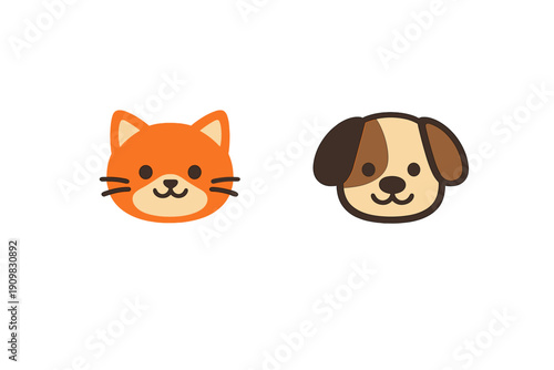 A cute orange cartoon cat face and a brown and tan dog face are displayed side by side on a solid black background. Both animals have friendly smiles and simple vector designs.