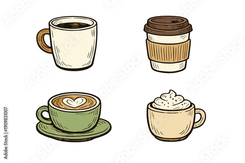 A collection of four hand-drawn coffee illustrations featuring a white mug, a takeaway cup, a green latte cup with heart art, and a mug topped with whipped cream on a black background.