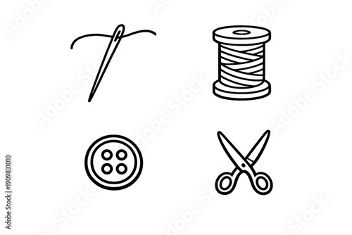 A collection of four white line icons representing sewing tools, including a needle with thread, a spool of thread, a four-hole button, and a pair of scissors, on a black background.