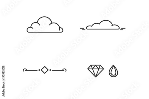 A collection of minimalist line art icons featuring two different cloud shapes, a decorative horizontal divider with a diamond center, a faceted diamond, and a teardrop gemstone.