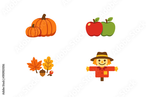 A collection of four autumn themed vector illustrations featuring pumpkins, apples, fall leaves with an acorn, and a friendly smiling scarecrow on a solid black background.