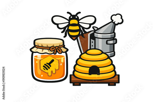 A vector illustration featuring a honey bee, a jar of honey with a dipper, a traditional beehive, and a metal bee smoker. The elements are arranged on a solid black background.