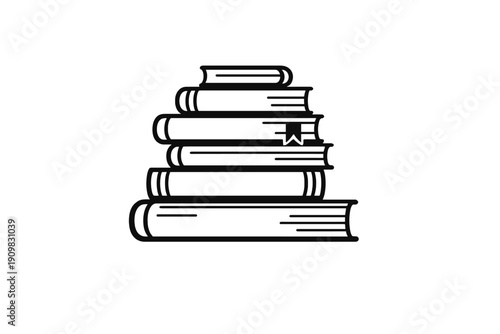 This minimalist black and white line art illustration features a stack of six books of varying sizes, arranged from largest to smallest against a solid black background.