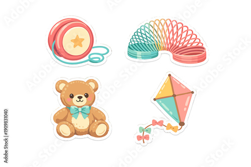 A collection of four colorful toy stickers including a pink yoyo with a star, a rainbow spring, a brown teddy bear with a blue bow tie, and a multicolored diamond kite on a black background.