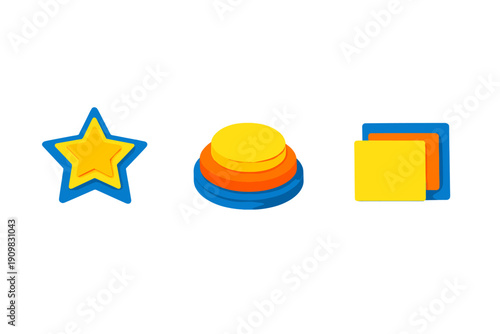 A set of three vibrant, layered geometric icons including a star, a stack of discs, and squares, presented on a black background with a clean 3D effect and bright primary colors.
