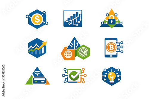 A collection of nine flat vector icons representing financial technology, data analysis, digital security, cryptocurrency, and innovative business solutions on a black background.