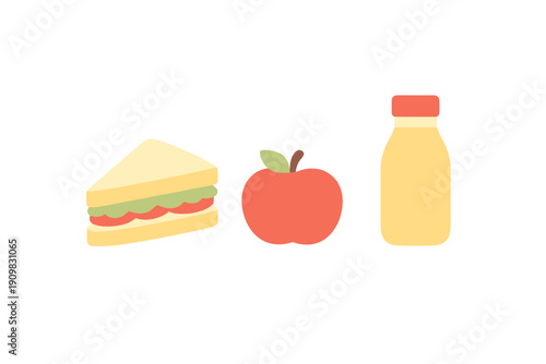 A flat vector illustration of a healthy lunch set featuring a sandwich with lettuce and tomato, a red apple, and a bottle of juice, all isolated on a solid black background.
