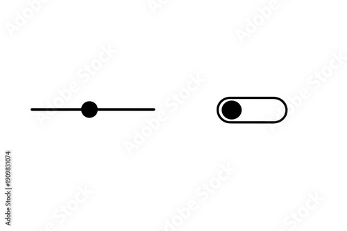 A minimalist black and white illustration featuring a horizontal slider bar with a central circular handle and a toggle switch icon in the off position on a dark background.