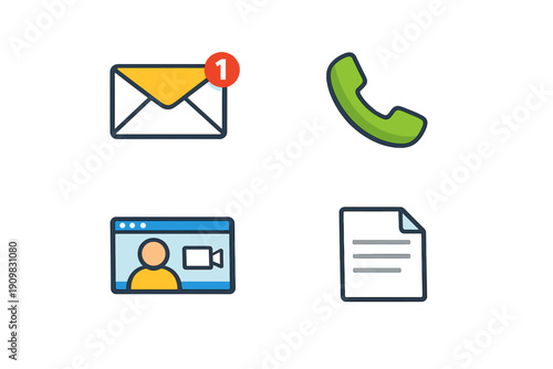 A set of four colorful communication icons including an email envelope with a notification, a green telephone handset, a video call window, and a document file on a black background.