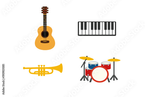 A flat illustration of four musical instruments including an acoustic guitar, a piano keyboard, a golden trumpet, and a colorful drum kit set against a solid black background.