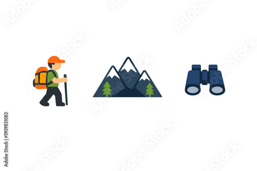 A flat vector illustration featuring a hiker with a backpack and walking stick, a range of snow-capped mountains with pine trees, and a pair of blue binoculars on a black background.