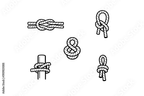 This black and white illustration features five various types of rope knots, including a square knot and a bowline, presented as minimalist line art on a dark background.