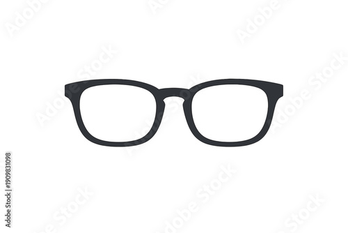 A simple graphic representation of dark-framed spectacles against a plain black backdrop. The design features a classic silhouette with rounded rectangular lenses and a bridge.