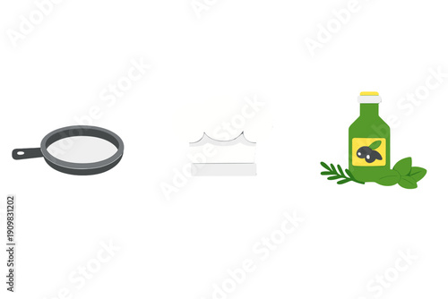 Three cooking-related icons including a frying pan with liquid, a white chef's hat, and a bottle of olive oil with fresh green herbs, all set against a solid black background.