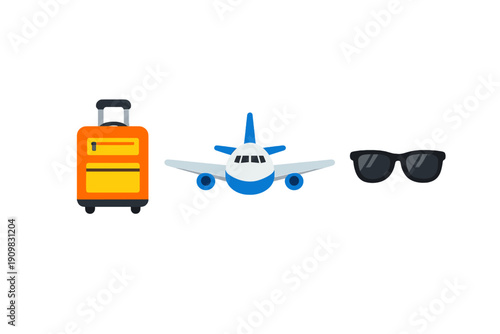 A flat illustration featuring an orange suitcase, a blue and white airplane, and a pair of black sunglasses arranged horizontally against a solid black background.