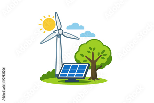 A flat vector illustration featuring a wind turbine, a solar panel, a green tree, and a bright sun with clouds on a black background, representing clean and renewable energy sources.
