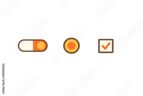 A set of three flat design user interface elements including a toggle switch, a radio button, and a checkbox with an orange checkmark, all set against a solid black background.