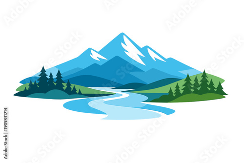 A stylized vector illustration of a mountain landscape featuring snow-capped peaks, a winding blue river, and green hills with pine trees against a black background.