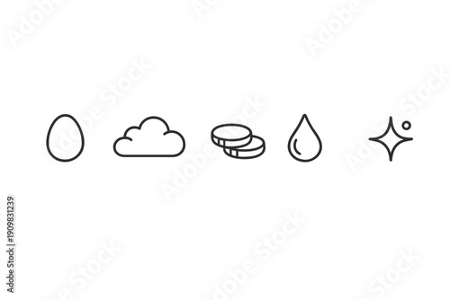 A collection of five minimalist line icons featuring an egg, a cloud, stacked coins, a water droplet, and a sparkle symbol, all presented in white on a solid black background.
