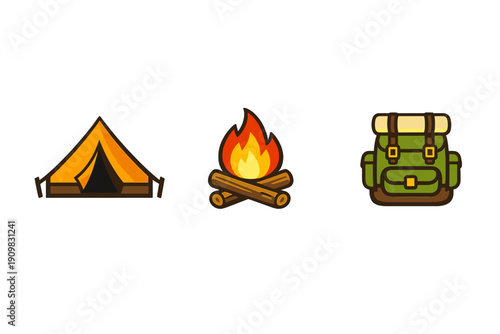 A set of three camping icons featuring an orange tent, a burning campfire with logs, and a green hiking backpack, all presented in a flat vector style on a solid black background.