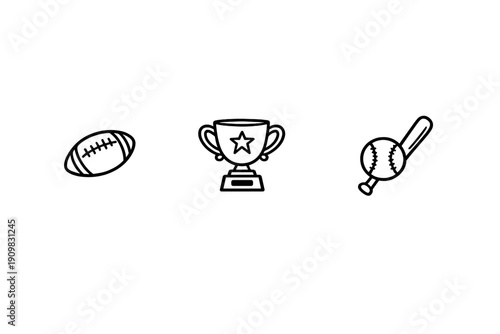 Three minimalist white line art icons on a black background featuring an American football, a trophy cup with a star, and a baseball with a bat, representing sports and victory.