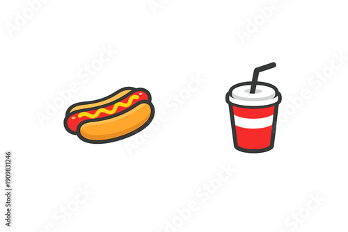 A cartoon illustration of a hot dog with yellow mustard in a bun next to a red soda cup with a white stripe and a black straw, set against a solid black background.