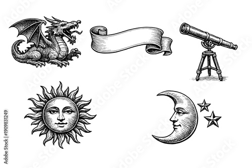 A collection of vintage woodcut illustrations featuring a dragon, a blank scroll, a telescope, a sun with a face, and a crescent moon with stars on a black background.