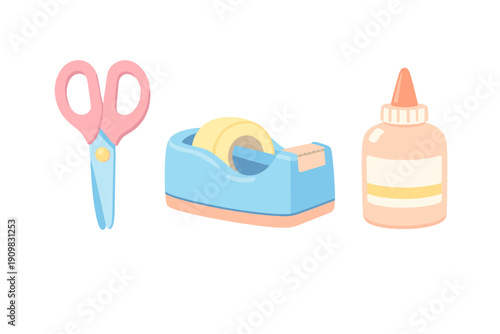 This illustration features a pair of pink scissors, a blue tape dispenser with yellow tape, and a bottle of white glue, all arranged on a solid black background for a clean look.