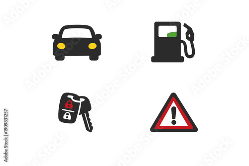 This set of four automotive icons includes a black car with yellow headlights, a fuel pump station symbol, a car key fob with a physical key, and a red warning triangle on a black background.