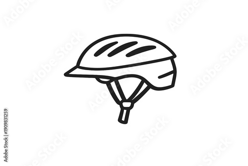 A black and white line art illustration of a bicycle helmet featuring a visor and adjustable chin straps, isolated on a white background for a clean and minimalist look.