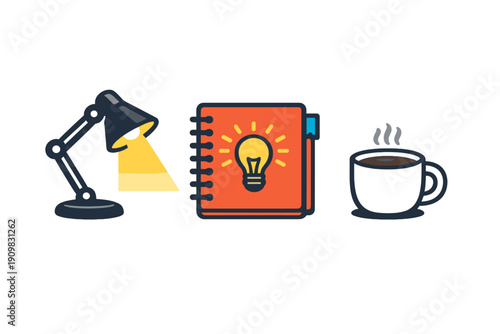 A flat illustration featuring a desk lamp illuminating an orange notebook with a lightbulb icon next to a steaming cup of coffee, all set against a solid black background.